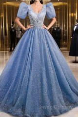 A-Line Evening Prom Dress Puffy Dress Quinceanera Floor Length Short Sleeve V Neck Tulle With Sequin