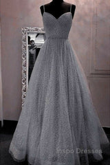A-Line Evening Prom Dress Sparkle & Shine Dress Party Dress Birthday Floor Length Sleeveless Spaghetti Strap Tulle With Glitter Crystals