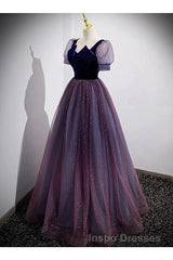 A-Line Evening Prom Dress Sparkle & Shine Dress Evening Prom Floor Length Short Sleeve Scoop Neck Tulle With Sequin