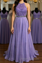 A Line Purple Lace Long Evening Prom Dress with Belt, Purple Lace Formal Dress, Purple Evening Dress, Bridesmaid Dress