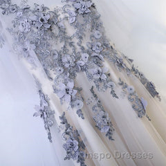 A Line Round Neck Half Sleeves Gray Lace Evening Prom Dress, Gray Floral Long Formal Evening Dress