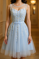 A Line Round Neck Lace Blue Short Evening Prom Dress, Short Blue Lace Formal Graduation Homecoming Dress