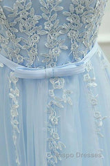 A Line Round Neck Lace Blue Short Evening Prom Dress, Short Blue Lace Formal Graduation Homecoming Dress