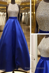 A Line Round Neck Sequins Backless Royal Blue Evening Prom Dress, Royal Blue Formal Dress, Backless Royal Blue Evening Dress