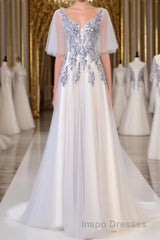 A Line Round Neck Short Sleeves Lace Evening Prom Dress With Appliques, Lace Formal Dress