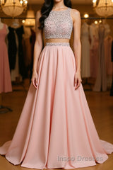 A Line Round Neck Two Pieces Beaded Pink Evening Prom Dress, Two Pieces Pink Formal Dress, Pink Evening Dress