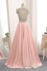 A Line Round Neck Two Pieces Beaded Pink Evening Prom Dress, Two Pieces Pink Formal Dress, Pink Evening Dress
