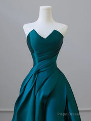 A-Line Satin Green Long Prom Dress, Green Satin Long Formal Dress