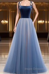 A Line Sleeveless Floor Length Blue Evening Prom Dress, Blue Long Formal Bridesmaid Evening Dress