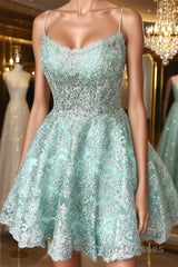 A-Line Spaghetti Straps Backless Mint Green Lace Short Evening Prom Dress, Backless Mint Green Lace Formal Graduation Homecoming Dress