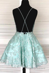 A-Line Spaghetti Straps Backless Mint Green Lace Short Evening Prom Dress, Backless Mint Green Lace Formal Graduation Homecoming Dress