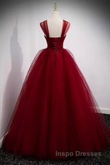 A Line Spaghetti Straps Beaded Burgundy Tulle Long Evening Prom Dress, Long Burgundy Formal Evening Dress