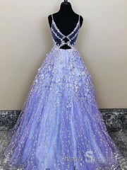 Lavender Spaghetti Straps Lace Floral A-line Formal Gowns Long Evening Prom Dress