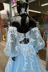 A-line Strapless Puff Long Sleeves Beaded Appliques Long Formal Evening Prom Dress