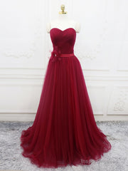 A-Line Sweetheart Neck Burgundy Long Prom Dress, Burgundy Bridesmaid Dress