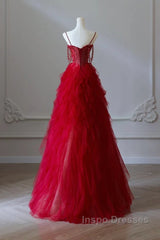 A-Line Sweetheart Neck Tulle Beads Burgundy Long Evening Prom Dress