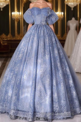 A-Line Sweetheart Neck Tulle Lace Long Evening Prom Dress, Blue Sweet 16 Dress