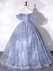 A-Line Sweetheart Neck Tulle Lace Long Evening Prom Dress, Blue Sweet 16 Dress