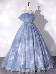 A-Line Sweetheart Neck Tulle Lace Long Evening Prom Dress, Blue Sweet 16 Dress