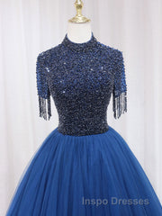 A-Line Tulle Blue Long Evening Prom Dress, Blue Formal Evening Dress with Beading