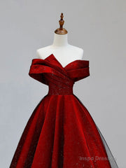 A-Line Tulle Burgundy Long Prom Dress, Burgundy Formal Dresses