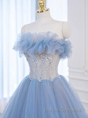 A-Line Tulle Lace Blue Long Evening Prom Dress, Blue Lace Long Formal Dress