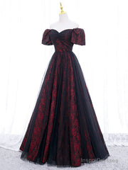 A-Line Tulle Lace Burgundy Long Prom Dress, Burgundy Long Formal Dress