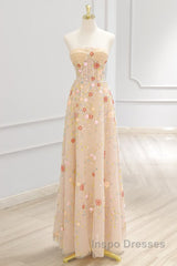 A-Line Tulle Lace Sequin Champagne Long Evening Prom Dress, Champagne Long Formal Dress