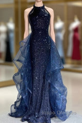 A-Line Tulle Sequin Dark Blue Long Evening Prom Dress, Dark Blue Long Formal Dress