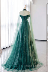 A-Line Tulle Sequin Green Long Evening Prom Dress, Green Formal Evening  Dress