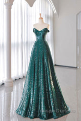 A-Line Tulle Sequin Green Long Evening Prom Dress, Green Formal Evening  Dress