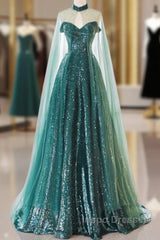 A-Line Tulle Sequin Green Long Evening Prom Dress, Green Formal Evening  Dress