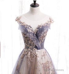 A-line Tulle with Lace Applique Party Dress, Tulle Long Prom Dress