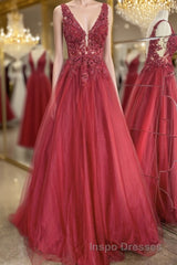 A Line V Neck and V Back Red Lace Floral Long Evening Prom Dress, Open Back 3D Flowers Red Lace Formal Evening Dress