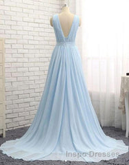 A Line V Neck and V Back Sky Blue Chiffon Long Evening Prom Dress, V Neck Blue Formal Dress, Blue Evening Dress