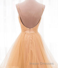 A Line V Neck Backless Champagne Long Evening Prom Dress, V Neck Champagne Formal Dress, Champagne Evening Dress