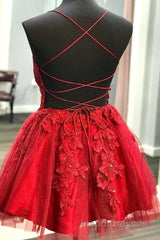 A Line V Neck Backless Lace Red Short Evening Prom Dress Homecoming Dress, Backless Red Lace Formal Graduation Evening Dress