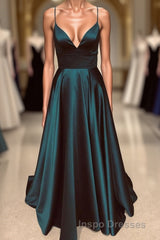 A Line V Neck Backless Long Evening Prom Dress Simple Dark Green Formal Evening Prom Gowns