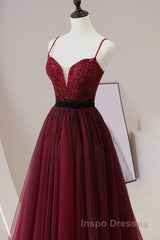 A Line V Neck Beaded Burgundy Tulle Long Evening Prom Dress, Beaded Burgundy Formal Graduation Evening Dress