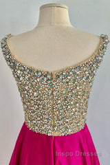 A Line V Neck Beaded Fuchsia Long Evening Prom Dress, V Neck Fuchsia Formal Dress, Beaded Fuchsia Evening Dress