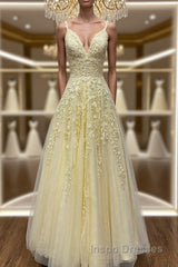 A Line V Neck Beaded Yellow Lace Tulle Long Evening Prom Dress, Yellow Lace Formal Dress, Beaded Yellow Evening Dress