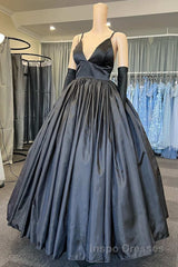 A Line V Neck Black Satin Long Evening Prom Dress with Pocket, V Neck Black Formal Graduation Evening Dress