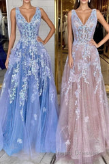 A Line V Neck Blue/Champagne Lace Floral Long Evening Prom Dress, Blue/Champagne Lace Formal Evening Dress