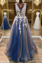 A Line V Neck Blue Lace Long Evening Prom Dress, Long Blue Formal Evening Dress