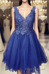 A Line V Neck Blue Lace Short Evening Prom Dress, Blue Lace Homecoming Dress, Short Blue Formal Evening Dress