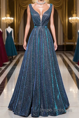 A-line V Neck Blue Long Evening Prom Dress, Blue Formal Dress