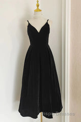 A Line V Neck Burgundy Black Tea Length Evening Prom Dress, Short Black Wine Red Formal Homecoming Dress