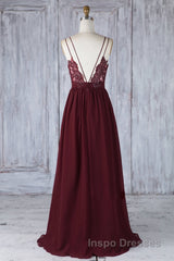 A Line V Neck Burgundy Chiffon Long Evening Prom Dress with Lace Back, V Neck Lace Back Burgundy Formal Graduation Evening Dress