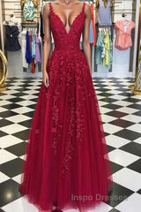A Line V Neck Burgundy Lace Evening Prom Dress, Wine Burgundy Lace Formal Evening Dress