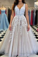 A Line V Neck Champagne Lace Evening Prom Dress, Champagne Lace Formal Evening Dress
